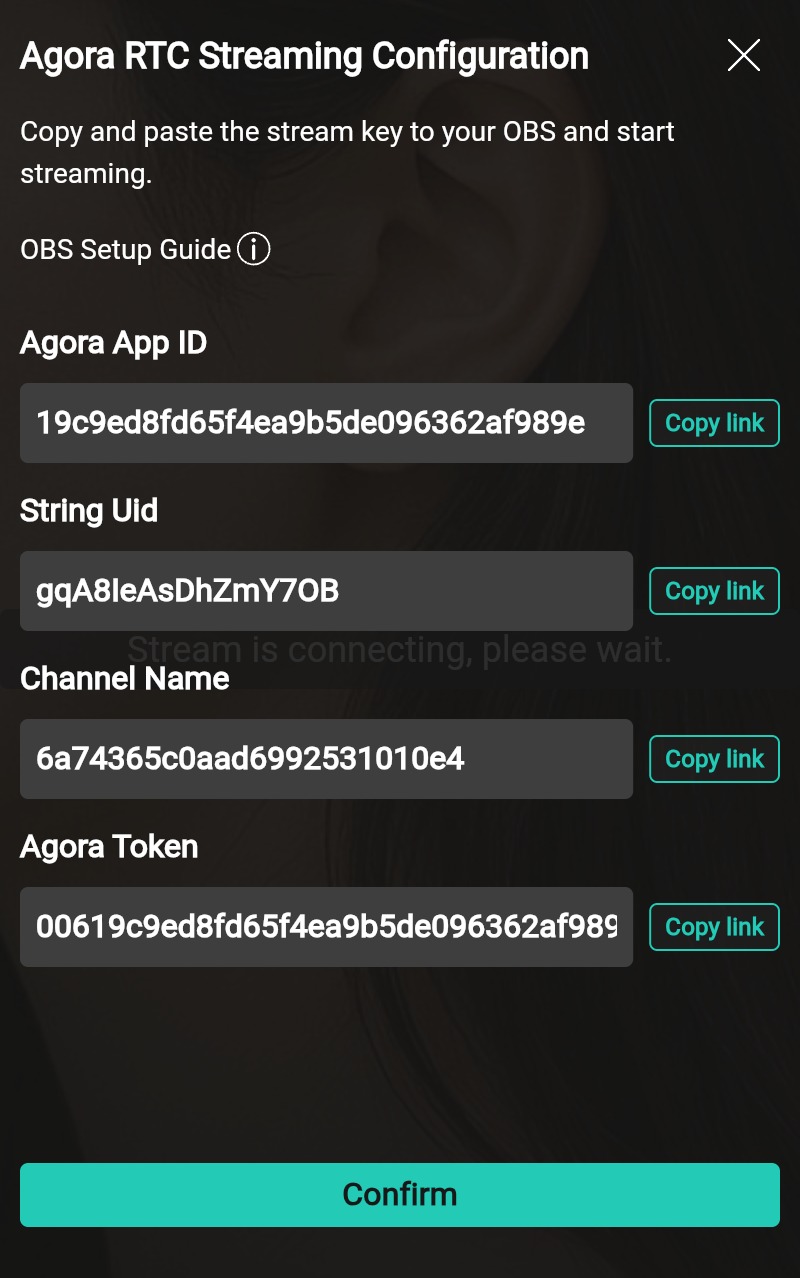Moor Agora RTC streaming configuration popup