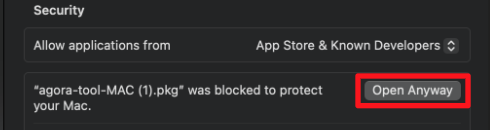 Privacy & Security settings, Open Anyway button highlighted