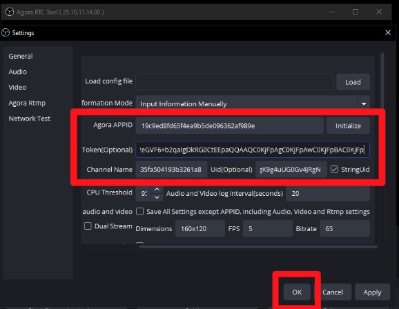 OBS settings dialog with fields highlighted