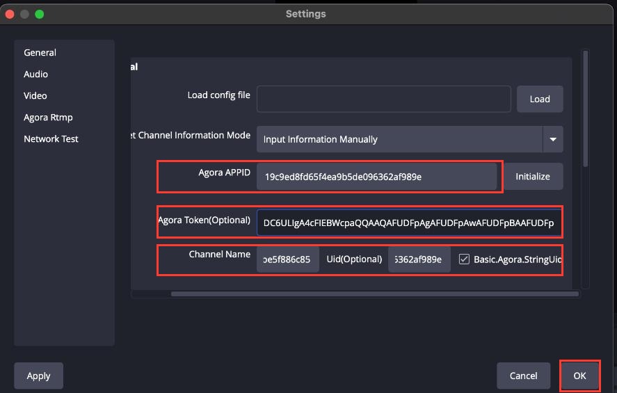 Mac OBS settings dialog with fields highlighted